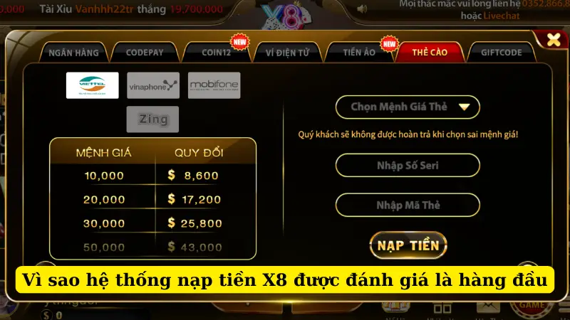 Vì sao hệ thống nạp tiền X8 được đánh giá là hàng đầu